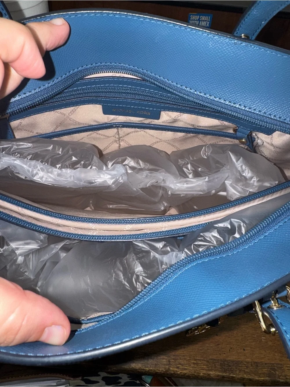 Michael Kors Blue Saffiano Leather Tote with Gold Hardware